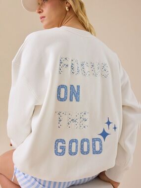 Altar’d State Oversized Sweatshirt with Blue 'Focus On The Good' Appliqué